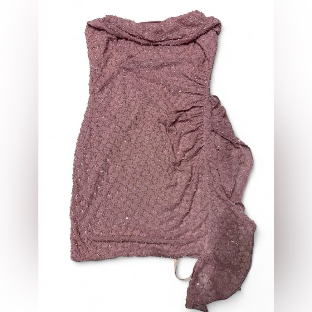 Oh Polly 
Embellished Ruffled Cowl-Neck Bandeau Mini Dress in Mauve